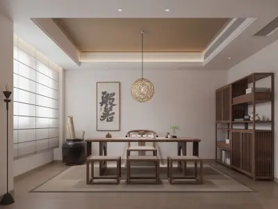 Zen Style Tea Room and Guzheng Learning Room Interior Scen 3D model
