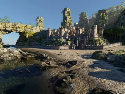 Island Castle Beach Scene 3D model