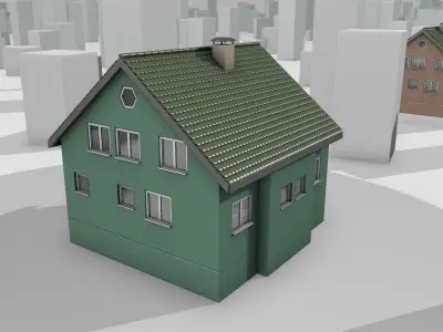 City House - 35 - Half Double House - Roof green - Wall green Low-poly 3D model