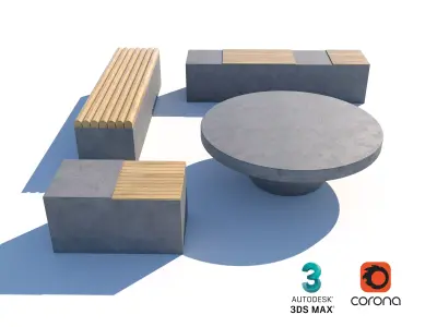 Modern Concrete and Wood Seating Set for Urban Spaces 3D model