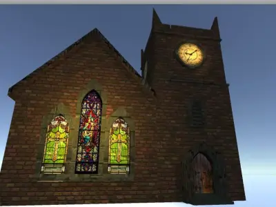 lowpoly church with clock tower Low-poly 3D model