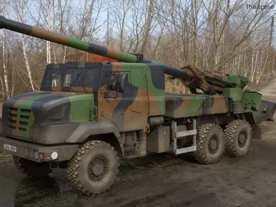  CAESAR Truck-Mounted Artillery System 6x6 Camouflage Used Rigged for Maya 