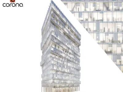 Modern office building 05 at night with interiors 3D model