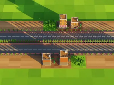 Small Village beside Countryside Road - Low Poly Town Low-poly 3D model