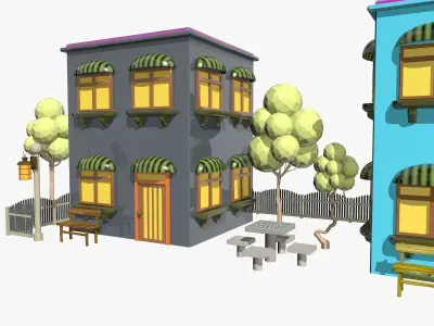 Cartoon Scene with TwoColorful  Houses Low-poly 3D model