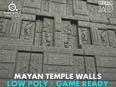 Low poly Black Mayan Temple Walls 230809 Low-poly 3D model