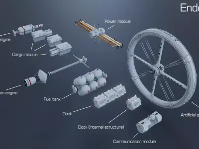 PBR-Endeavour Planetary shuttle Space station Low-poly 3D model