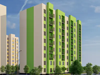 Modern 9-storey residential building and Landscape Low-poly 3D model