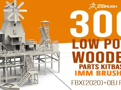 300 Low poly wooden shed house parts kitbash Zbrush IMM 3D model