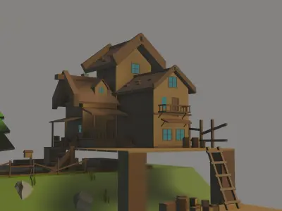 Lowpoly House on island Low-poly 3D model