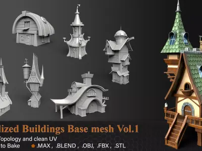 23 Stylized Buildings Base mesh Vol 1 Low-poly 3D model