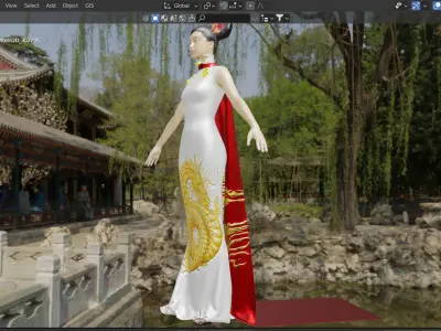 Chinese traditional embroidery golden dragon queen party dress Low-poly 3D model