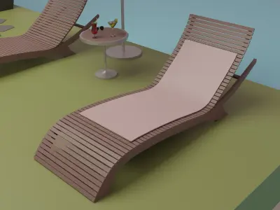Garden swimming pool with lounge chairs and umbrella Low-poly 3D model