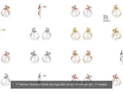 17 Women Diamond Studs Earrings 3dm stl obj mtl 3mf glb gltf 3D Model Pack