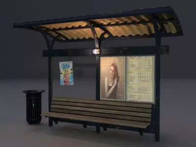 Bus station with trashcan PBR 3D model