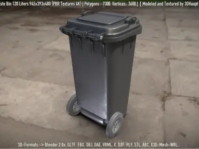 Black Plastic Waste Bin 120 Liters 945x393x480 Low-poly 3D model