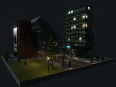 Destroyed city square Low-poly 3D model