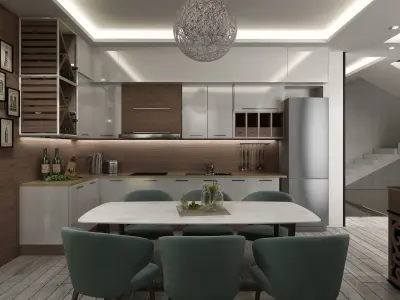 Full detailed Living room hall with kitchen interior scene 3D model
