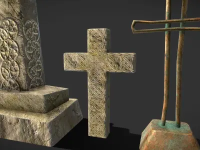 Tombstone collection group of gravestones and crosses Low-poly 3D model