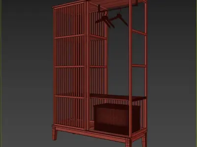 wardrobe bamboo clothes rack with hooks and hangers 3D model