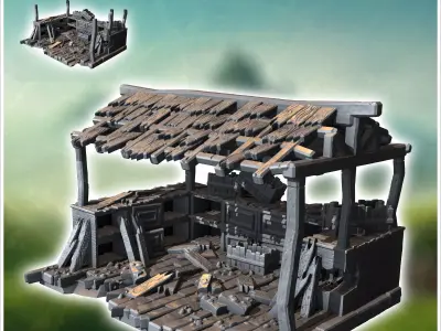 Partially collapsed wooden shed with exposed beams and scattered 3D print model