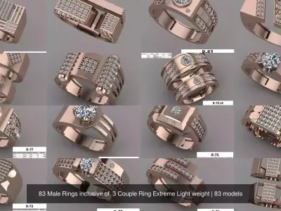 83 Male Rings inclusive of  3 Couple Ring Extreme Light weight 3D Model Pack