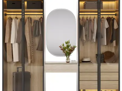 Wardrobe walk in closet with mirror and clothes 3D model