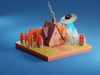 3D model house with alien 3D model