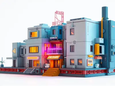 Cyberpunk City Block Neon Asymmetric Shapes model pack Low-poly 3D model