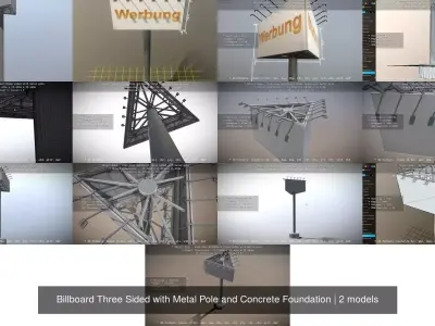Billboard Three Sided with Metal Pole and Concrete Foundation 3D Model Pack