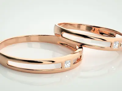 Thin Light wt Solitaire Princess Couple Band Ring 3dm stl render 3D print model