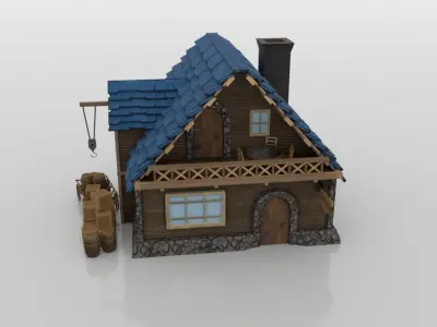 Tavern wooden house with roof Low-poly 3D model