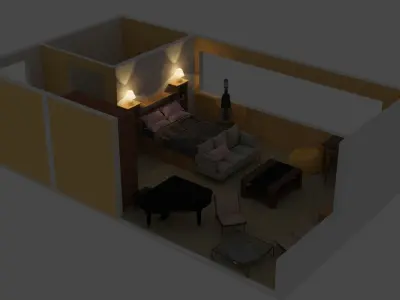 Bedroom living room with piano Free low-poly 3D model