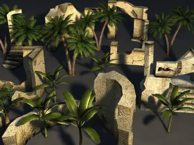 Ruins and trees in woods Low-poly 3D model