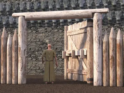  Medieval Wooden Gate and Monk 