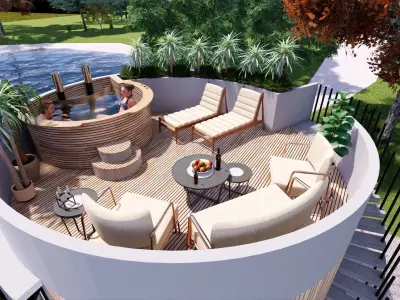 glamping pod with fireplace and hot tube on roof top Low-poly 3D model