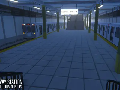 Subway station -  train and props Low-poly 3D model