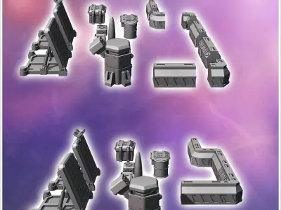Set of futuristic Sci-Fi fortifications with barricades missiles 3D print model