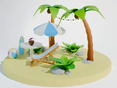 Stylized beach umbrella and sun lounger set 3D model