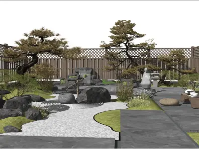 Japanese Zen - style Courtyard Landscape Design 3D model