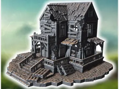 Ruined wooden tavern with broken balconies collapsed porch and d 3D print model