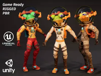Game Ready Stylized Alien Frog Astronaut PBR UE Unity Low-poly 3D model