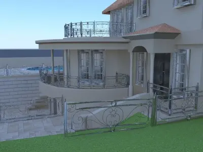 Exterior of Modern house including door windows grill and pool 3D model