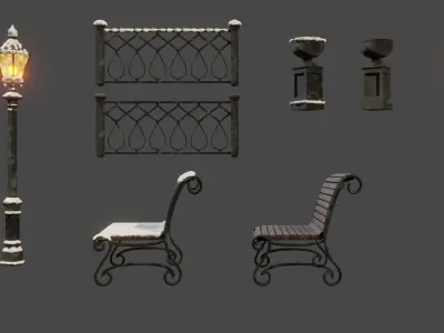 Park set of benches and lampposts 3D model