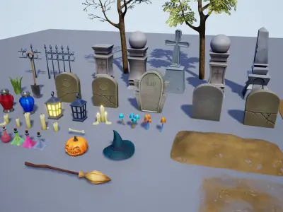 Cartoon Graveyard Props Low-poly 3D model