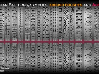 20 Asian Patterns symbols ZBRUSH IMM and Alphas Blender Low-poly 3D model