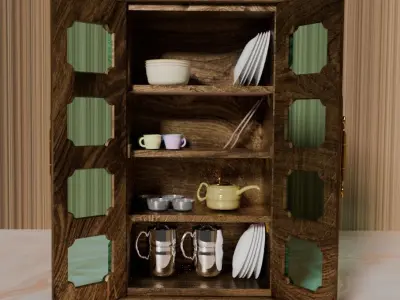 3D Model of Kitchen Crockery Cupboard with Crockery Set Low-poly 3D model
