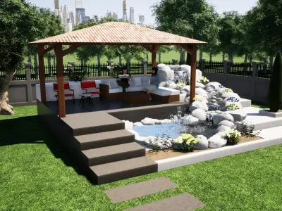 Gazebo garden with waterfall and 3D model