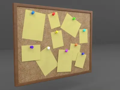 Pinboard bulletin board with sticky notes Low-poly 3D model
