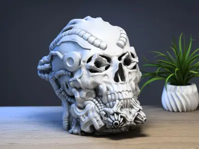Robot Skull Headphone Stand Cyborg Headset Stand 3D print model 5